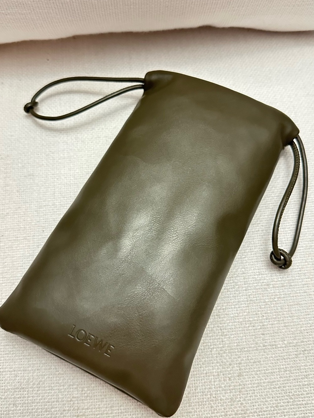 Loewe Olive Leather Drawstring Sunglass Pouch